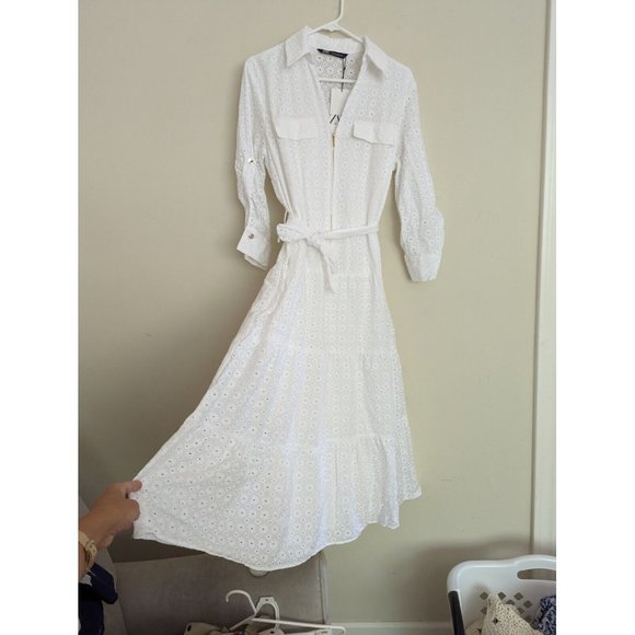 ZARA $99NWT WOMAN V-NECK OPENWORK EMBROIDERED MIDI DRESS WHITE ZIP | 3384/916 - Picture 5 of 11